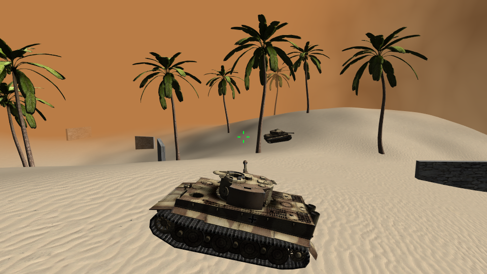Tanks in a desert arena with palm trees rendered by a custom WebGL game engine