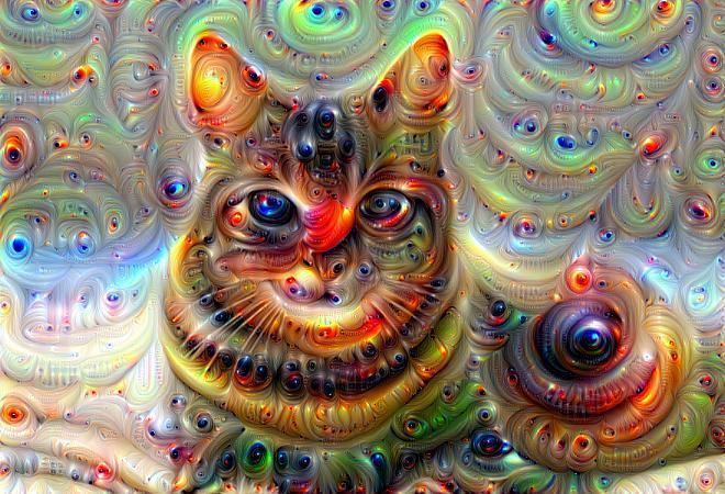 Colorful, surreal cat image created with Deep Dream