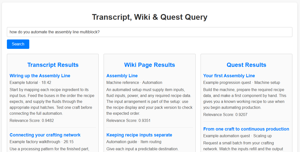 GTNH Search showing transcript, wiki, and quest results for automating an assembly line
